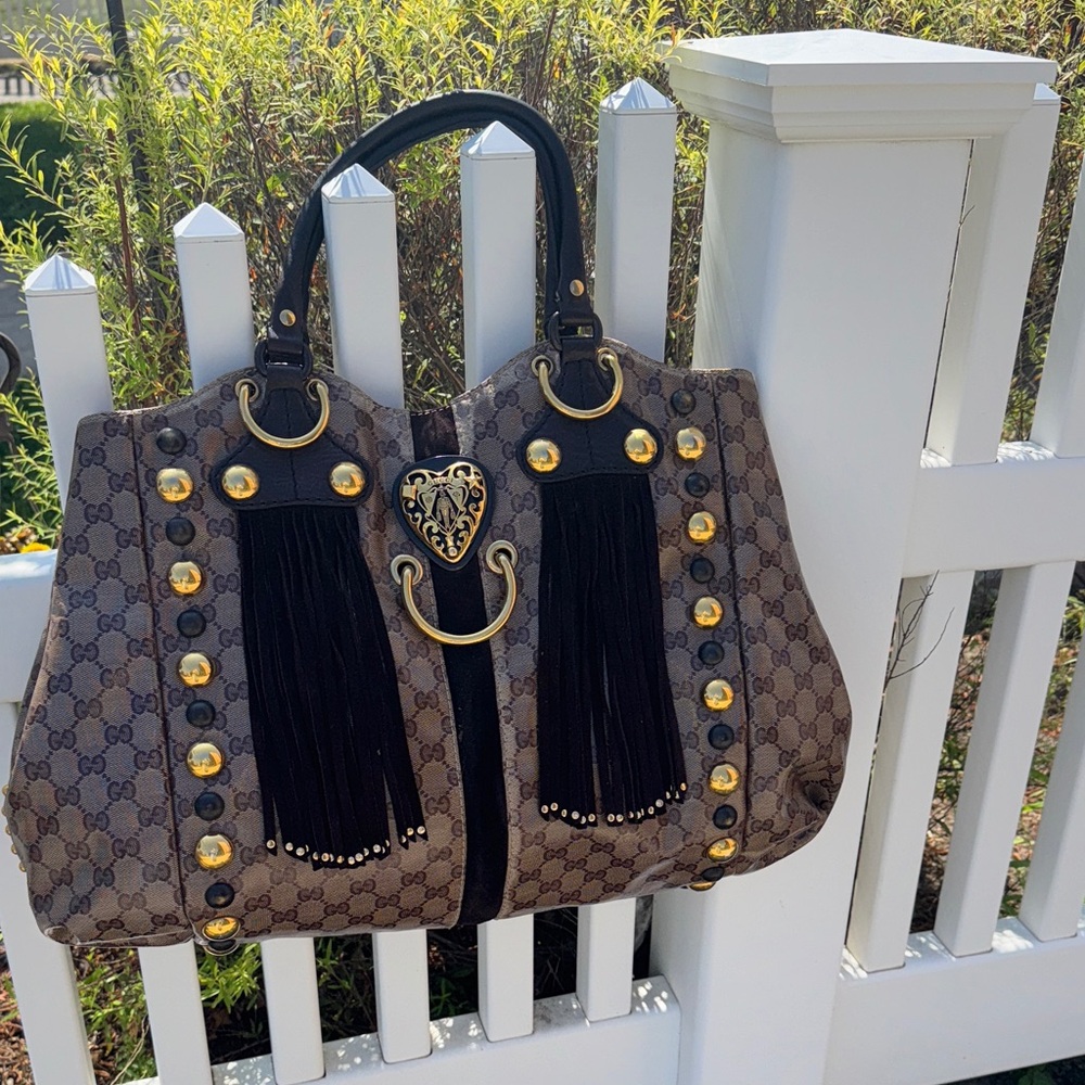 Gucci Babouska Heart Beige Ebony Crystal Canvas Tote Bag EUC - Picture 4 of 15